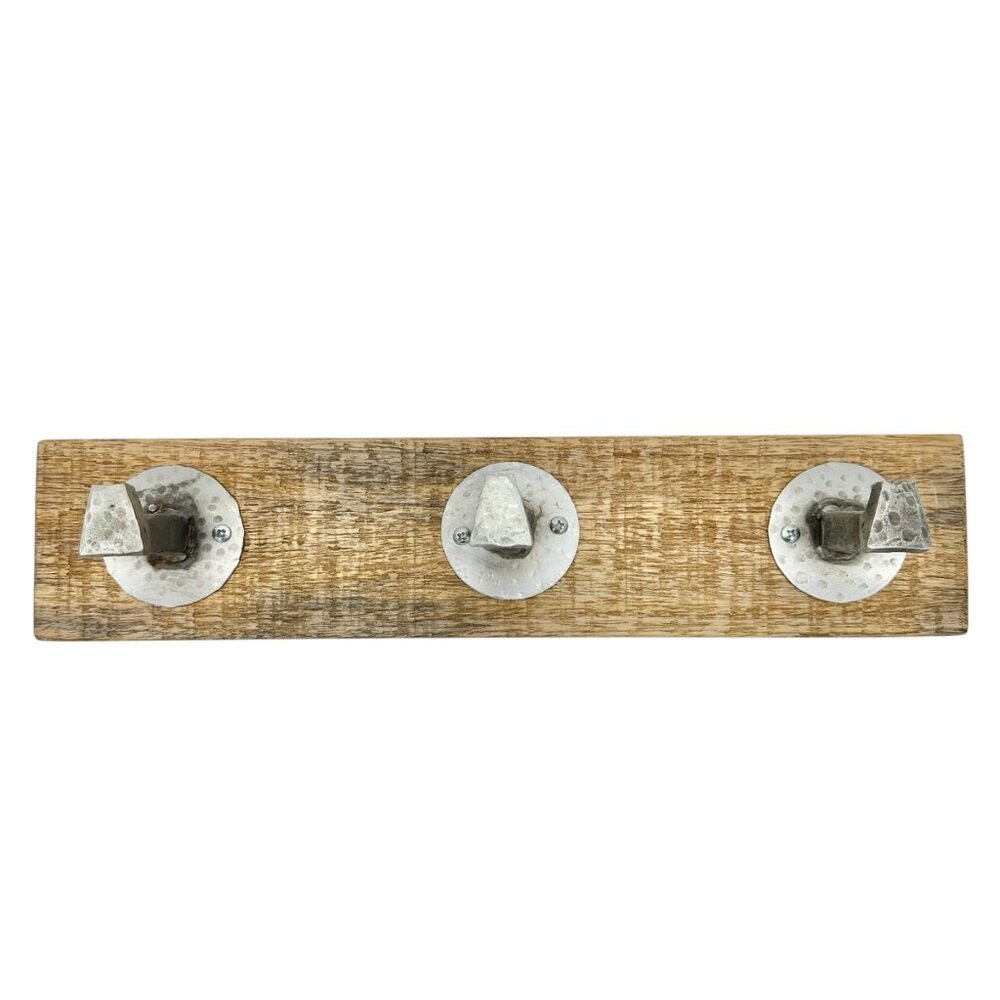 Rustic Wood Wall Mounted Coat or Hat Rack With 3 Hammered Metal Hooks